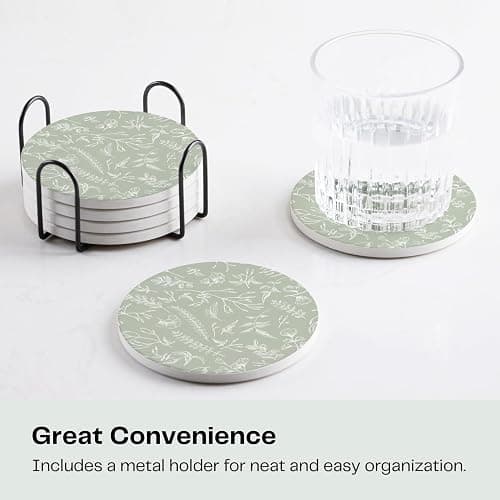 Hoomey Set of 6 Floral Sage Green Coasters with Holder, Absorbent Ceramic Drink Coasters with Cork Backing for Table Protection, Coffee Table Décor thumbnail 5
