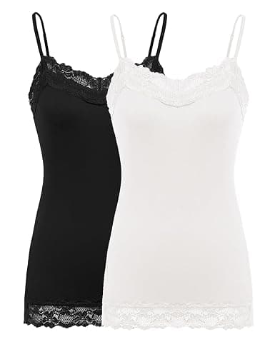 Kate Kasin Women's Adjustable Spaghetti Strap Lace Trim Cami Tunic Tank Top 2PACK - Image 1