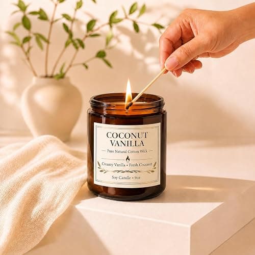 Coconut Vanilla Candle, 9 oz Soy Coconut Wax Scented Candle for Home, Vanilla Coconut Aromatherapy Candle, Clean Burning Jar Candle for Bedroom Bathroom Spa, Candle Gifts for Women Men thumbnail 6