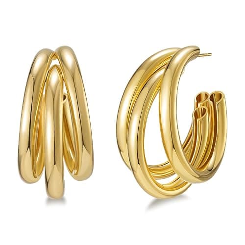 SWEETV Chunky Hoop Earrings for Women, 925 Sterling Silver Post Triple Open Hoops, Diameter 15/20/30MM - Image 1