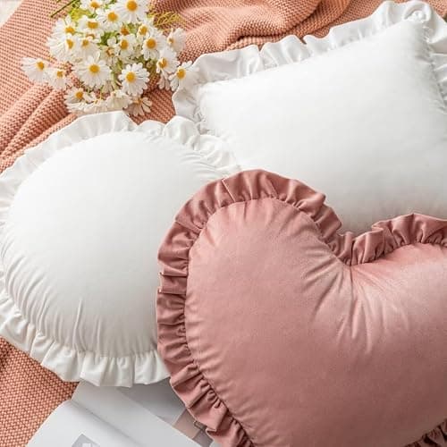 FZETVN Heart-Shaped Throw Pillows, Velvet Heart Pillows 20×16inches Ruffled Heart Pillow Home Decoration Love Cushion for Bed Sofa Living Room Light Pink thumbnail 2