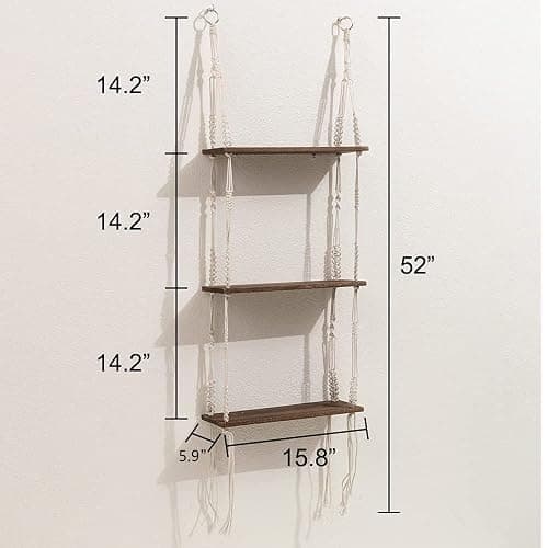 WOOD MEETS COLOR 3 Tier Macrame Wall Hanging Shelves with Artificial Ivy Leaves,Boho Room Decor Handmade Cotton Rope,Wooden Hanging Storage Floating Shelves for Small Plants,Living Room Bedroom thumbnail 2