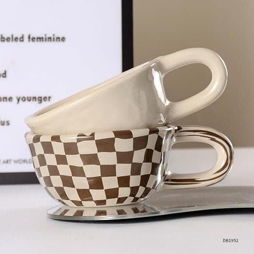 Miaexaugsh Irregular checkerboard coffee mug gift ceramic mug,Pottery,Tea Cup for Office and Home (Brown) thumbnail 5