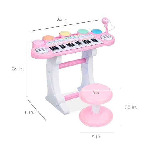 Best Choice Products 37-Key Kids Electronic Musical Instrument Piano Learning Toy Keyboard w/ Multiple Sounds, Lights, Microphone, Stool - Light Pink thumbnail 2