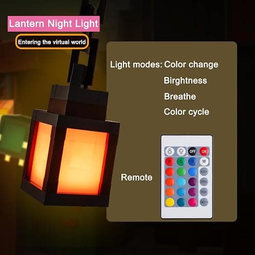 Pixelated Lantern Night Light, 2026 Xmas Gift LED 16 Colors Change Hanging Lantern Lamp from Minecraft - Rechargeable Wall Tabletop Night Lights for Gamer Boys Girls Man Bedroom Game Room Wall Decor thumbnail 5