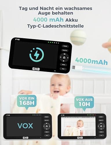 GHB Babyphone mit 2 Kameras 5 Zoll 720P HD Display mit bis zu 168h Akkulaufzeit im VOX Schlafmodus Gegensprechen Nachtsicht und Temperaturanzeige thumbnail 3