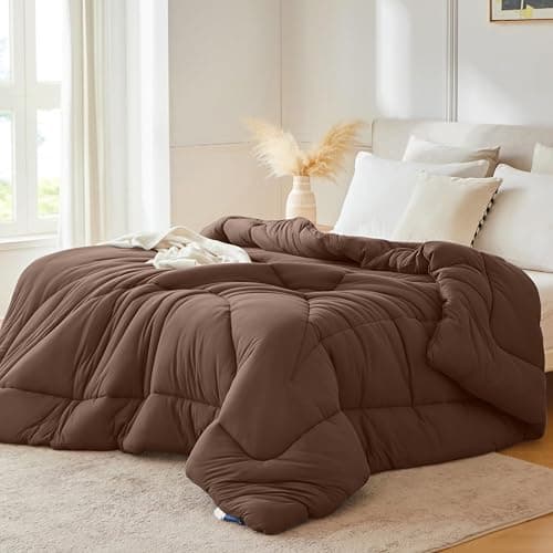 Yuncojin Down Alternative Comforter Queen Size,Soft Fluffy Duvet Insert for All Seasons,Lightweight Winter Bed Quilt,Skin Friendly,Brown,90"x90" - Image 1