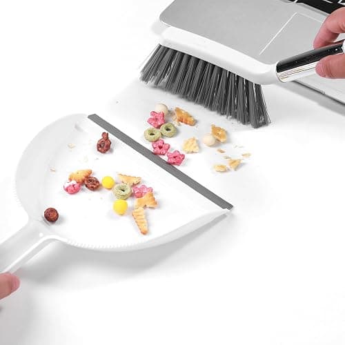 NACENA Mini Broom and Dustpan Set, Small Dust Pan and Brush Set with Handle Dustpan Teeth for Cleaning Hair Suitable for Office Desks Drawers Sofas Outdoor Camping, White & Gray thumbnail 2
