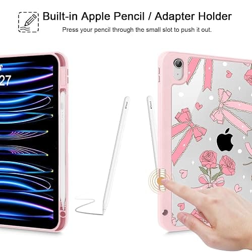 Tuiklol Case for iPad Air 11'' (M3 2025/M2 2024) 6th Gen/iPad Air 10.9'' 2022 2020 5th /4th Gen, Buit in Pencil Holder with Shockproof Cover Clear Back Auto Wake/Sleep, Bow & Rose thumbnail 5