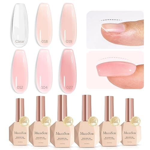 MelodySusie Builder Gel Nail Set for Nails Thickening,6 Colors 15ML Nude Pink Base Colors Clear Rubber Base Gel Polish,Soak Off UV Extension,Rhinestone Nail Glue in a Bottle Gift for Women - Image 1