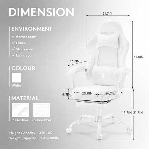 Morkprism White Gaming Chair,Computer Office Chair with Footrest,Massage Lumbar Support and Gel Pad,Ergonomic Reclining Adjustable Leather Gamer Chair with Headrest and Spring Cushion White thumbnail 3