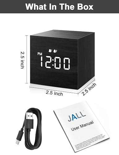JALL Digital Alarm Clock, with Wooden Electronic LED Time Display, Dual Alarm, 2.5-inch Cubic Small Mini Wood Made Electric Clocks for Bedroom, Bedside, Desk, Black thumbnail 7