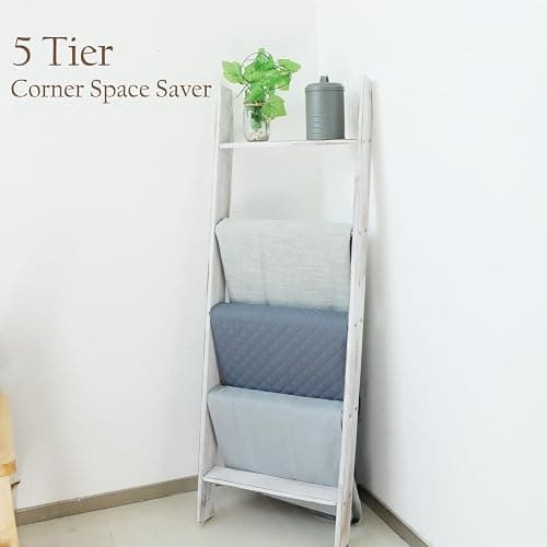 Honest Blanket Ladders for The Living Room, 5-Tier Blanket Holder, Wall-Leaning Blanket Rack, Ladder Shelves, Wooden Quilt Ladder, Farmhouse Decor, White thumbnail 4