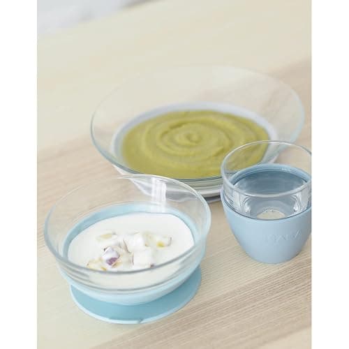 BEABA 3-Piece Glass Meal Set with Silicone Suction, Toddler Plate and Baby Bowls with Suction, Non Slip Kids Dinnerware Set, 2.5x Stronger than Regular Glass, (Rain) thumbnail 5