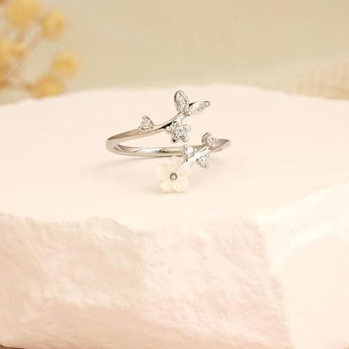 Gold Rings for Women Birthstone Adjustable Flower Non Tarnish Jewelry | 14K gold, rose gold & silver plated, mother of pearl flower with cubic zirconia, fits sizes 7-11, birthday gift thumbnail 5