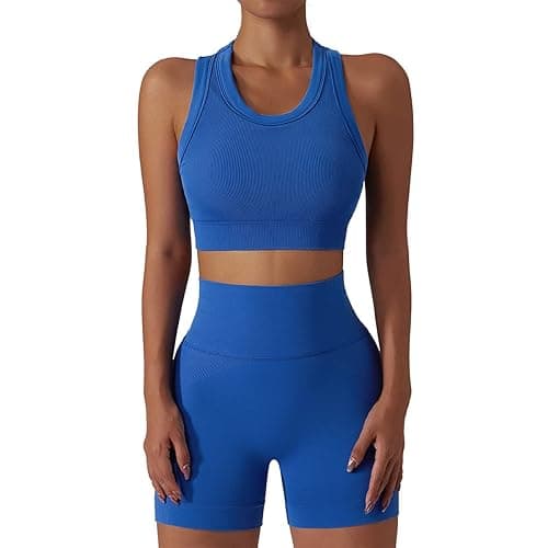 ABOCIW Workout Sets for Women 2 Piece Seamless Ribbed Tank Top Sport Bra High Waist Biker Shorts GYM Yoga Exercise Outfits - Blue - Medium - Image 1