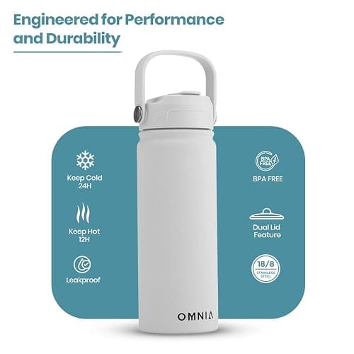OMNIA Vacuum Insulated Stainless Steel Water Bottle, 2 Lids (Straw & Spout) Leakproof, BPA-Free, Reusable Flask, Hot & Cold Thermos for Sports, Gym, Travel, Outdoors (White, 540ML) thumbnail 4
