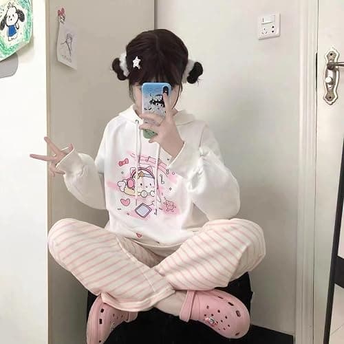 Y2K Women Kawaii Sweet Striped Pants Cute Harajuku Fleece Sports Sweatpants Casual Basic Cartoon Japanese Trousers thumbnail 4