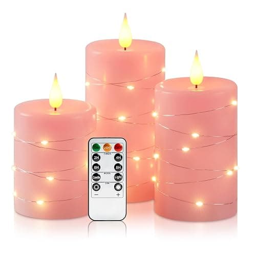Amagic 3"×4" 5" 6" Flameless Candles with String Lights, Pink 11-Key Remote & Timer Battery Operated Flickering Led Pillar Candles Real Wax for Home, Lantern, Halloween and Christmas Decor, Set of 3 - Image 1