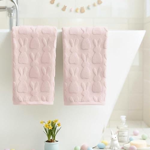Artoid Mode 2 Pcs Pink 3D Rabbit Jacquard Easter Hand Towels for Bathroom, 100% Cotton Soft Absorbent Bathroom Decor Towels, 13.7 x 29.5 Inch thumbnail 4