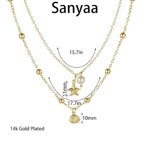 Seashell Starfish Necklace for Women Conch Shell Summer Pearl Beach 14k Gold Layered Dainty Choker thumbnail 4