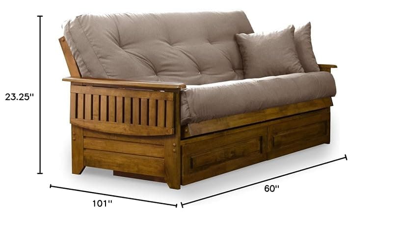 Nirvana Futons Brentwood Tray Arm Futon Frame, Drawers, and Microfiber Khaki Mattress Set - Queen, Heritage Finish thumbnail 2
