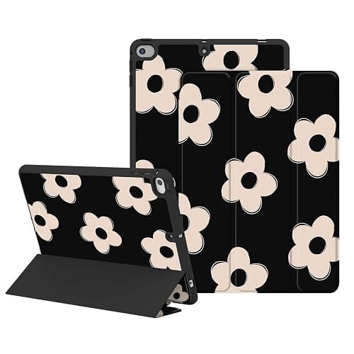 Lornpa Case for iPad 6th/ 5th Generation 9.7 inch (2018/2017), iPad Air 2 & 1 (2014/2013), Protective Case with Pencil Holder, Auto Wake/Sleep Cover for iPad 6th Gen, Black Flowers - Image 1