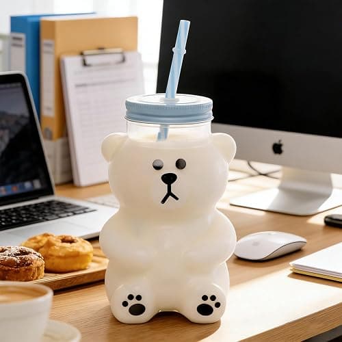 Kawaii Bear Sippy Cup 19oz, Clear Bear Glass Cup with Lid and Straw, Leak-Proof Clear Cup for Juice Milk Tea Smoothies Infused Water Beverage Food Grade thumbnail 5