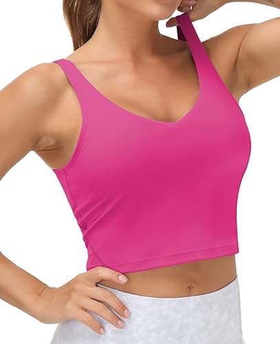 THE GYM PEOPLE Womens' Sports Bra Longline Wirefree Padded with Medium Support - Bright Pink - Small thumbnail 2