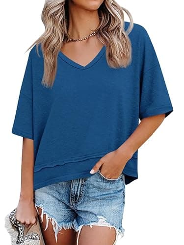 Cicy Bell Womens Summer V Neck T Shirts Casual Short Sleeve Flowy Tops Cute Loose Fit Basic Tees - Image 1