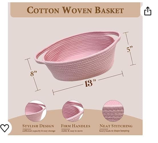 GiftExpress Pink Woven Easter Basket - 13" x 8" x 5" Cotton Rope Organizing Baskets for Baby Items or Cat & Dog Toys - Cute Soft Gift Storage Bin w/ Handles thumbnail 3