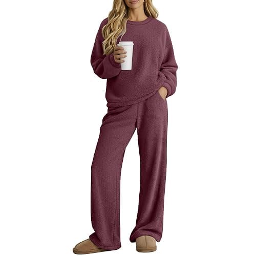 Oakgarden Women's Fuzzy Pajamas Sets Warm Fleece Loungewear Outfit Cozy Long Sleeve Fluffy Pullover Pant Set 2 Piece - Image 1