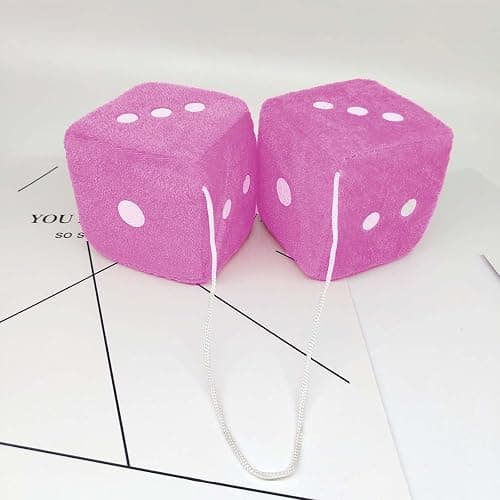 Pair 2.75” Pink with White Dots Mirror Fuzzy Plush Dice, Pink and White Soft Plush Car Decorative Hanging,Retro Square Decoration Dice for Car Hanging Accessories thumbnail 3