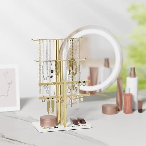 Organisateur de Support à Bijoux à 3 Niveaux - Support Solide pour 80 Pièces de Bijoux - Porte-Bijoux Doré - Porte-Bijoux pour Colliers, Boucles d'oreilles, Bracelets, Bagues - Cadeau pour Femmes thumbnail 7
