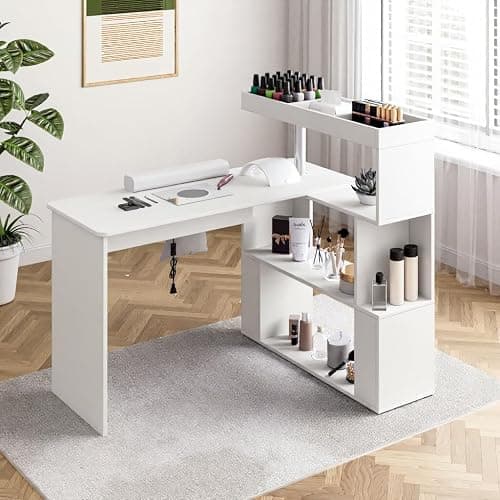 HolaiNail Manicure Table, L-Shaped Nail Tech Desk with Dust Collector, Reversible Rotating Table & Storage Shelf, Acetone Resistant Beauty Salon Station, White thumbnail 2