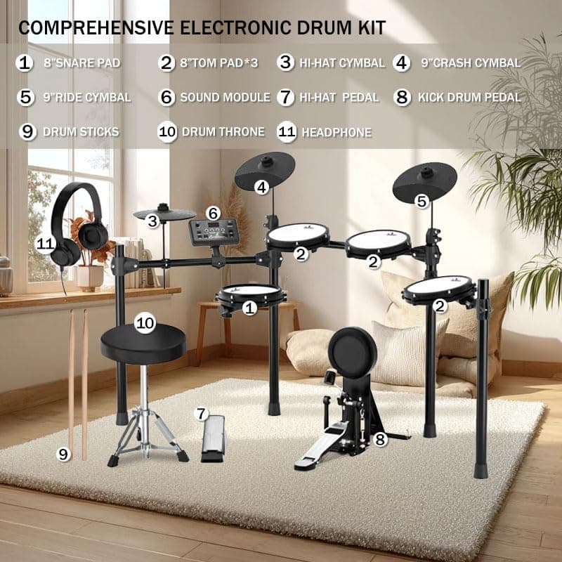 Electronic Drum Set with Stool, Headphones, Digital Drums Kit, Black, Includes Cymbals, Pedals, Drumsticks thumbnail 2