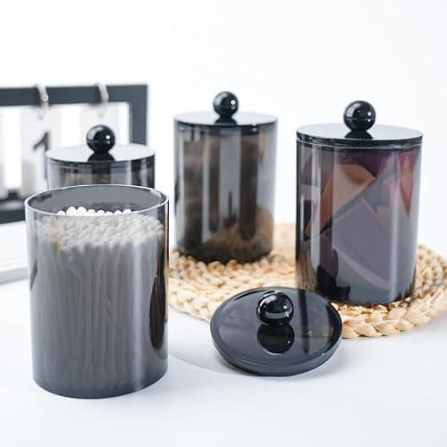 XIPENGKEJI 2 Pack Qtip Holder,Canister Apothecary Jar Set, Bathroom Jars with Lids Set for Cotton Swabs, Balls, Pads, Floss Picks,10oz-12oz Plastic Canisters Restroom Bedroom Vanity Organizer(Black) thumbnail 2