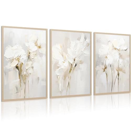Neutral Wall Art Abstract Floral Canvas Pictures Beige Flower Wall Decor Modern Painting Minimalist Poster Abstract Botanical Prints White Artwork for Bedroom Living Room 16x24 Inch Unframed Set of 3 - Image 1
