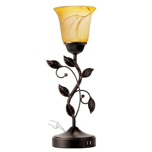 Touch Control Leaf Vintage Table Lamp with 3-Way Dimmable 2 USB C+A Ports | Bedside Nightstand Lamps, Amber Glass Shade Rural Leaf Lamp for Living Room Bedroom Dresser Home Decor, LED Bulb Included thumbnail 8