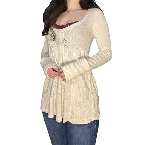 Tsultryofs Y2K Fairy Grunge Knit Long Sleeve Tunic Tops Low Cut Peplum Babydoll Blouse Button Down Harajuku 90s Sweater thumbnail 5