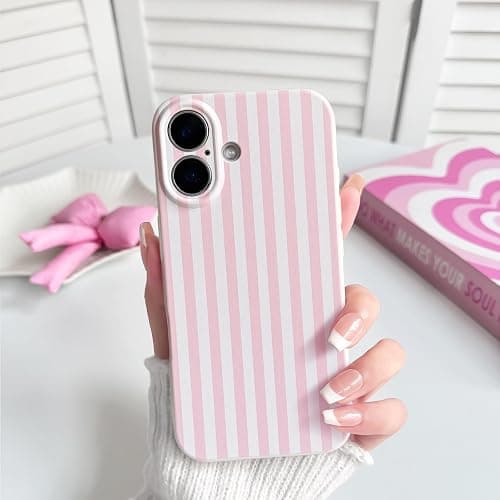 Lovmooful for iPhone 16 Case Cute Color Striped Design-Pink&White | Compatible for iPhone 16,Aesthetics Design,for Girls Women Girly,Soft TPU Case,Shockproof Protective thumbnail 4