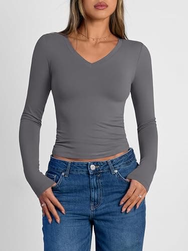 Trendy Queen Long Sleeve Shirts for Women 2026 Fall Fashion V Neck Basics Crop Tops Slim Fitted Y2K Tops Outfits Clothes thumbnail 2