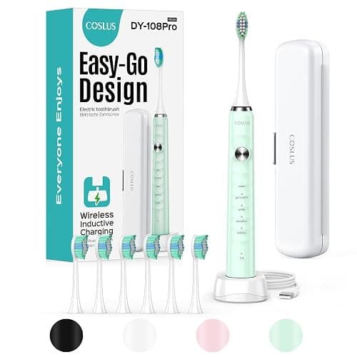 COSLUS Sonic Electric Toothbrush for Kids & Adults: 47000 VPM for Deep Cleaning & Whitening with Travel Case - 5 Modes for Sensitive Teeth & Braces, Wireless Charging, 6 Brush Heads for Home Family - Image 1
