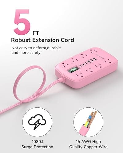 Pink Extension Cord with 6 USB(3 USB-C) 8 Outlets, Flat Plug Power Strip | 5FT, 1625W, Surge Protector, USB-C (15W), Cute Kawaii Pink Office Dorm Home Room Decor, Desk Accessories for Women Girl thumbnail 6
