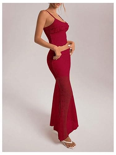 GORGLITTER Women's 2 Piece Skirt Sets Lace Crop Top and Asymmetrical Bodycon Long Maxi Skirt Trendy Summer Outfits 2025 thumbnail 4