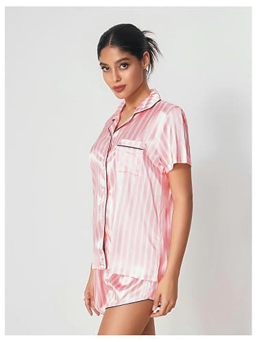 WDIRARA Women's Sleepwear Satin Short Sleeve Shirt and Shorts Pajama Set thumbnail 5
