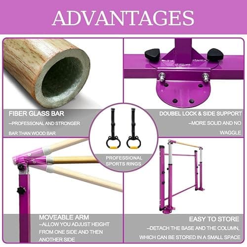 GBVUGY Gymnastics Kip Bar for Home Indoor Training,Horizontal Bar for Kids Girls Junior,Adjustable Arms from 3' - 5' Gym Equipment,1-4 Levels,300lbs Weight Capacity thumbnail 2