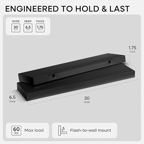 Homeforia Black Floating Shelves 30 inches Long, High End Solid Real Wood 30 inch Floating Shelf for Wall Mounted, Black Wooden 30in Floating Shelves, Heavy Duty Bracket, 30 X 6.5 X 1.75 in, Set of 2 thumbnail 2