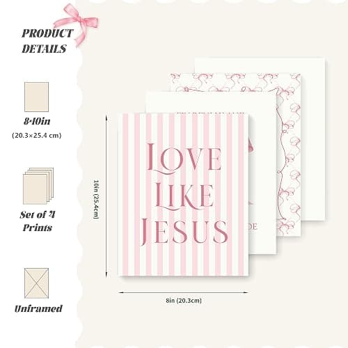 LARTSFRO Coquette Pink Bow Jesus Wall Art Decor Posters, Light Pink Bow Christian Room Bedroom Bathroom Dorm Wall Art Decor Aesthetic for College Teen Girls Gifts, Inspirational Bible Verses Bow Wall Decor, 10x8 Inch Set of 4 Bow Pictures (UNFRAMED) thumbnail 2