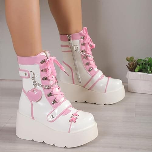 UOQAPRE Women's High Heel Combat Boots Square Toe Lace Up Ankle Booties Fashion Wedge Chunky Platform Boots Zipper Bootie Shoes thumbnail 5